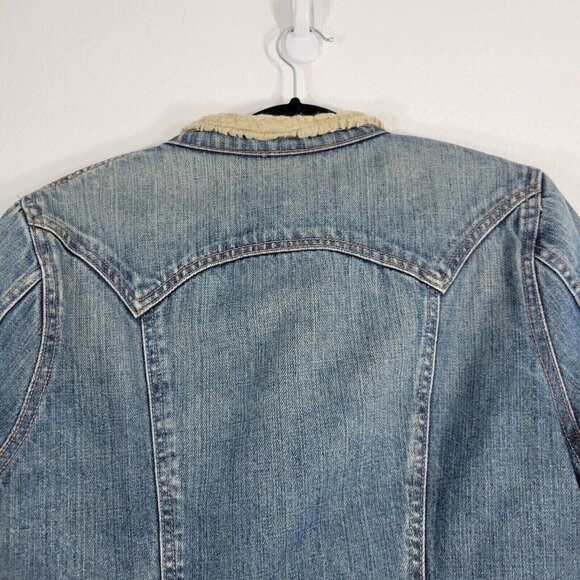 GAP Denim Trucker Jacket Women Medium Sherpa Lined Snap Button Pockets Blue - Picture 8 of 12